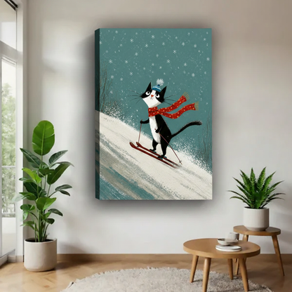 Gallery wrap canvas of tuxedo cat skiing down snowy slope on teal blue background