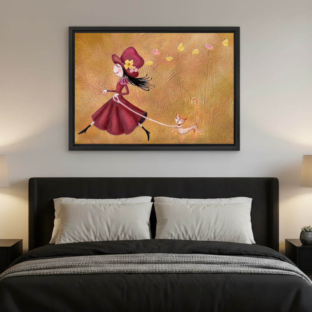 Whimsical girl dog walking canvas wall art above console table warm living room decor