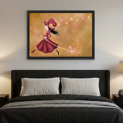Whimsical girl dog walking canvas wall art above console table warm living room decor