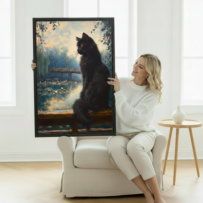 Impressionist black cat wall art — fluffy cat by lily pond, painterly brushstrokes, premium framed canvas print