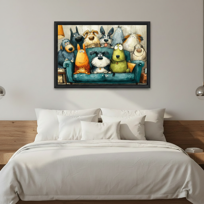 Funny cartoon dogs on sofa framed canvas wall art above bed in cozy bedroom, playful dog lover home decor