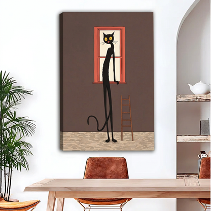 Whimsical Long-Legged Black Cat Canvas Wall Art | Framed & Unframed l4934