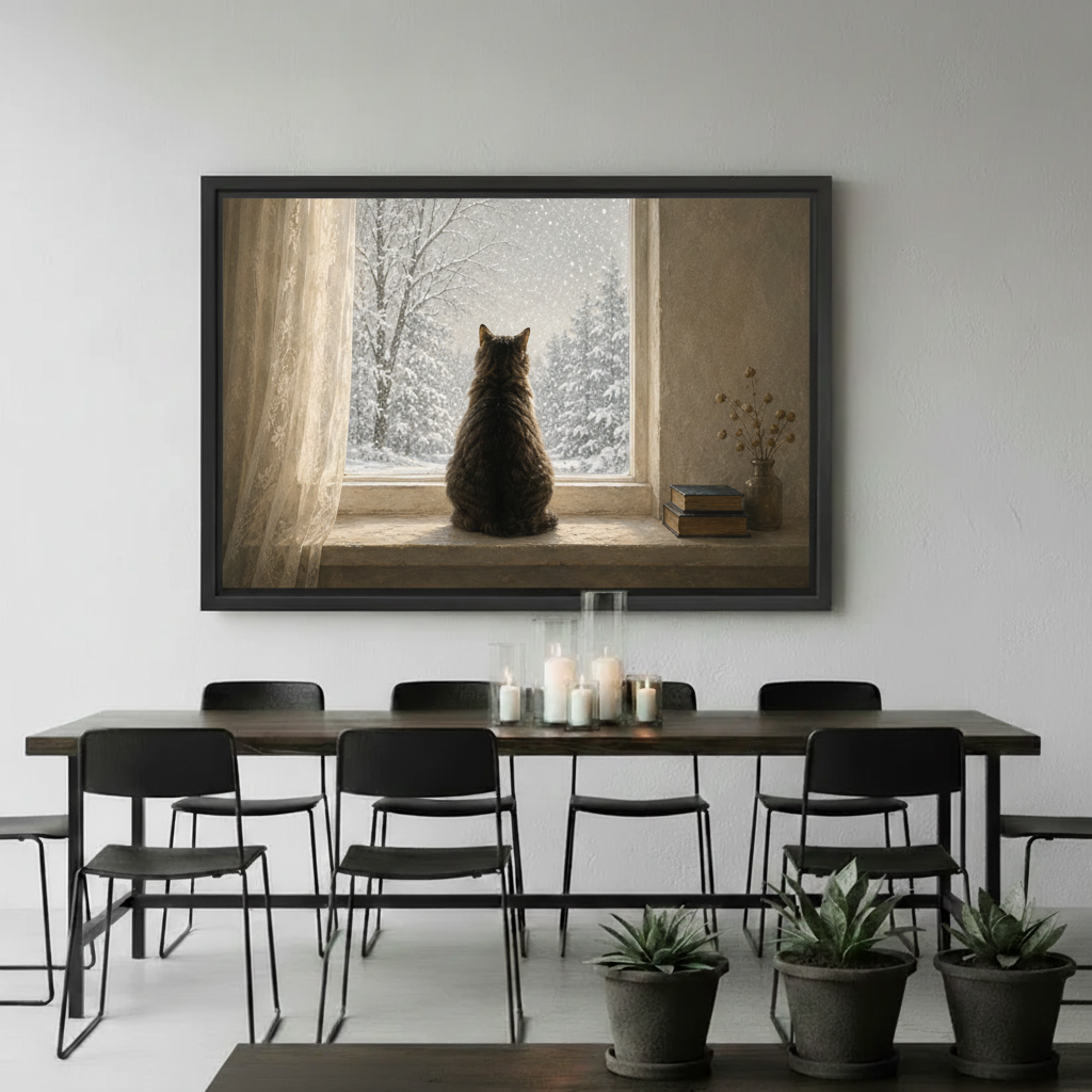 Cozy cat winter window canvas print in modern room, oil painting cat lover wall art decor
