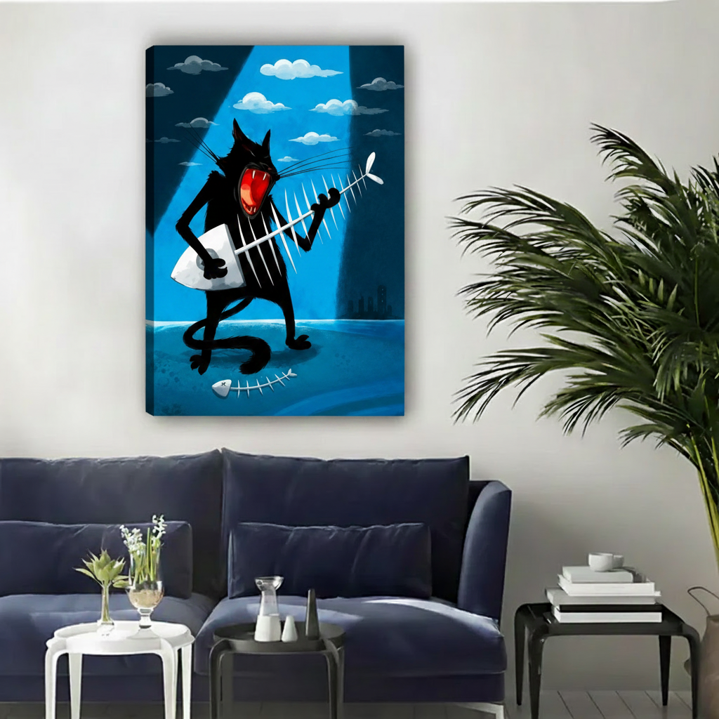 Funny black cat guitarist fish bone canvas wall art, bold blue pop art framed print for home decor