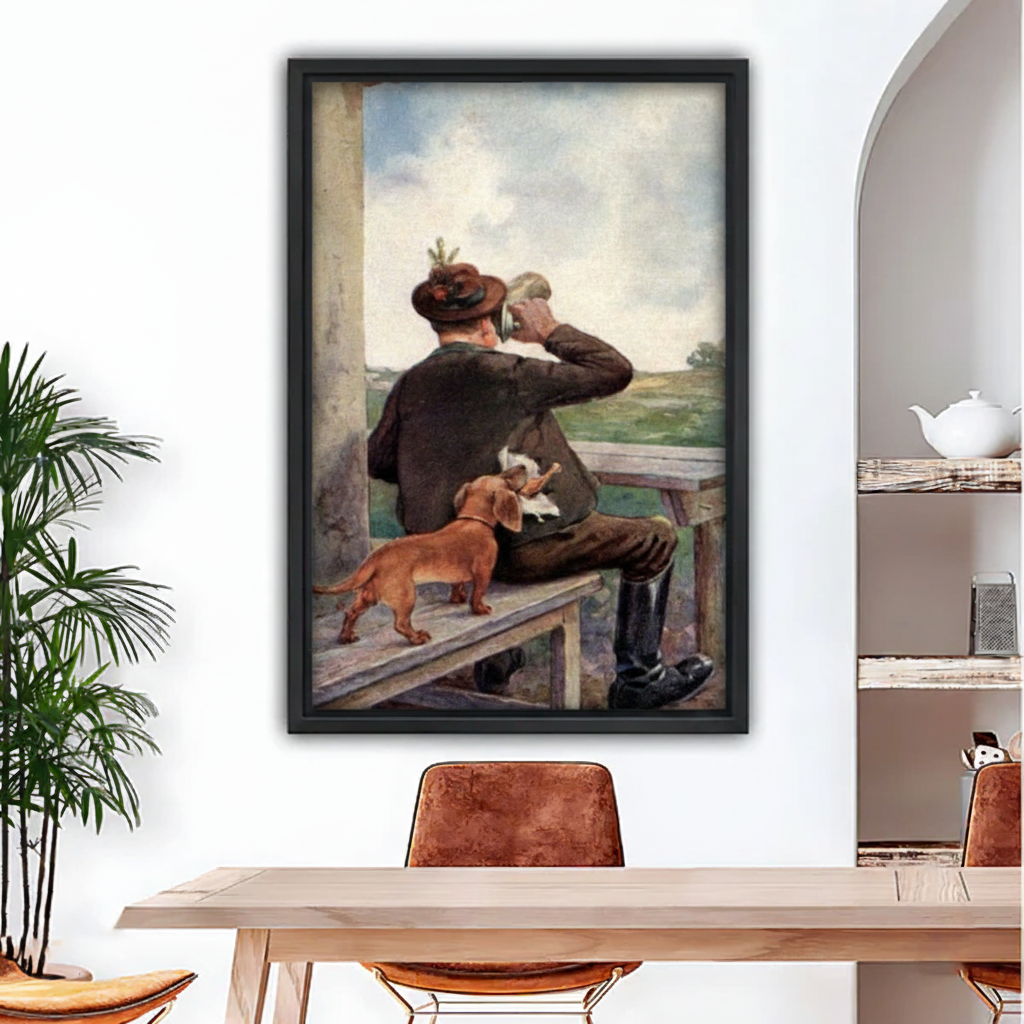 Vintage hunter and dachshund oil painting canvas wall art in black frame above dining table, classic dog print for rustic home decor
