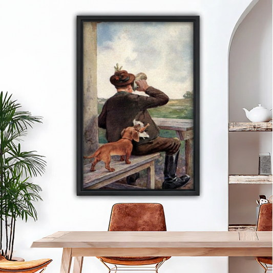 Vintage hunter and dachshund oil painting canvas wall art in black frame above dining table, classic dog print for rustic home decor