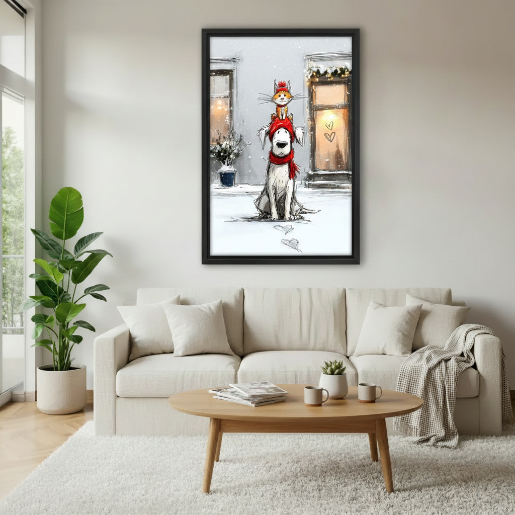 Cat and dog winter sketch framed canvas in modern living room — heartwarming pet wall art for living room decor