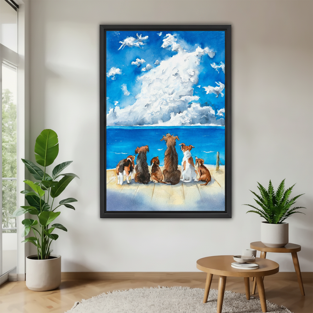 Dogs ocean view watercolor framed canvas wall art print in black frame — heartwarming coastal dog home decor