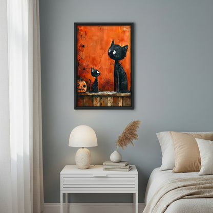 Spooky cat framed art print close up, black cats on wooden fence with Halloween pumpkin, cat lover wall decor
