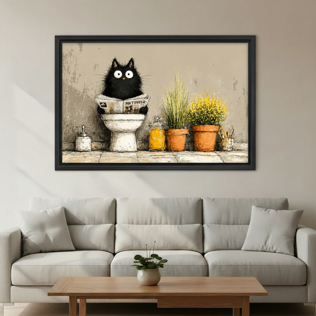 Framed black cat bathroom humor print on dark wall – cat lover wall art