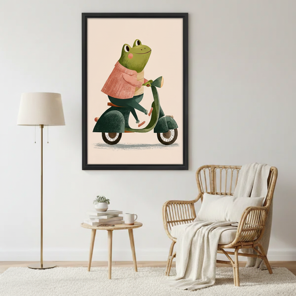 Frog Riding Scooter Cute Wall Art Print Framed l2039