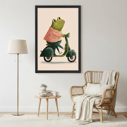Frog Riding Scooter Cute Wall Art Print Framed l2039