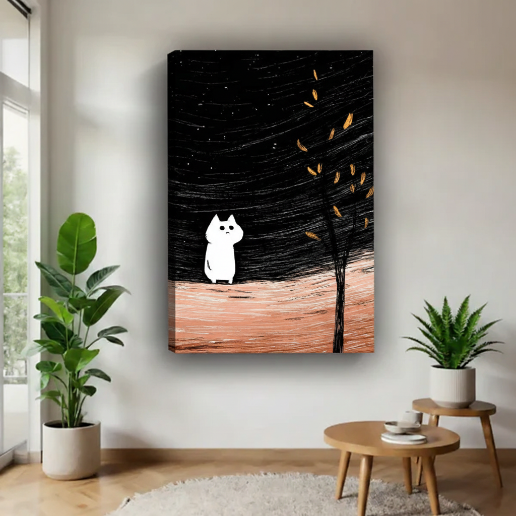 Minimalist white cat night sky canvas print — atmospheric illustrated wall art with golden autumn tree for modern home decor