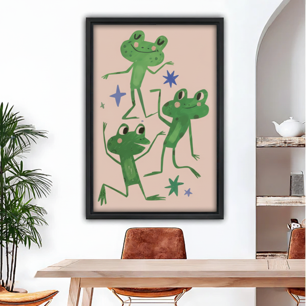 Dancing frogs framed canvas wall art with black frame above dining table, blush pink background