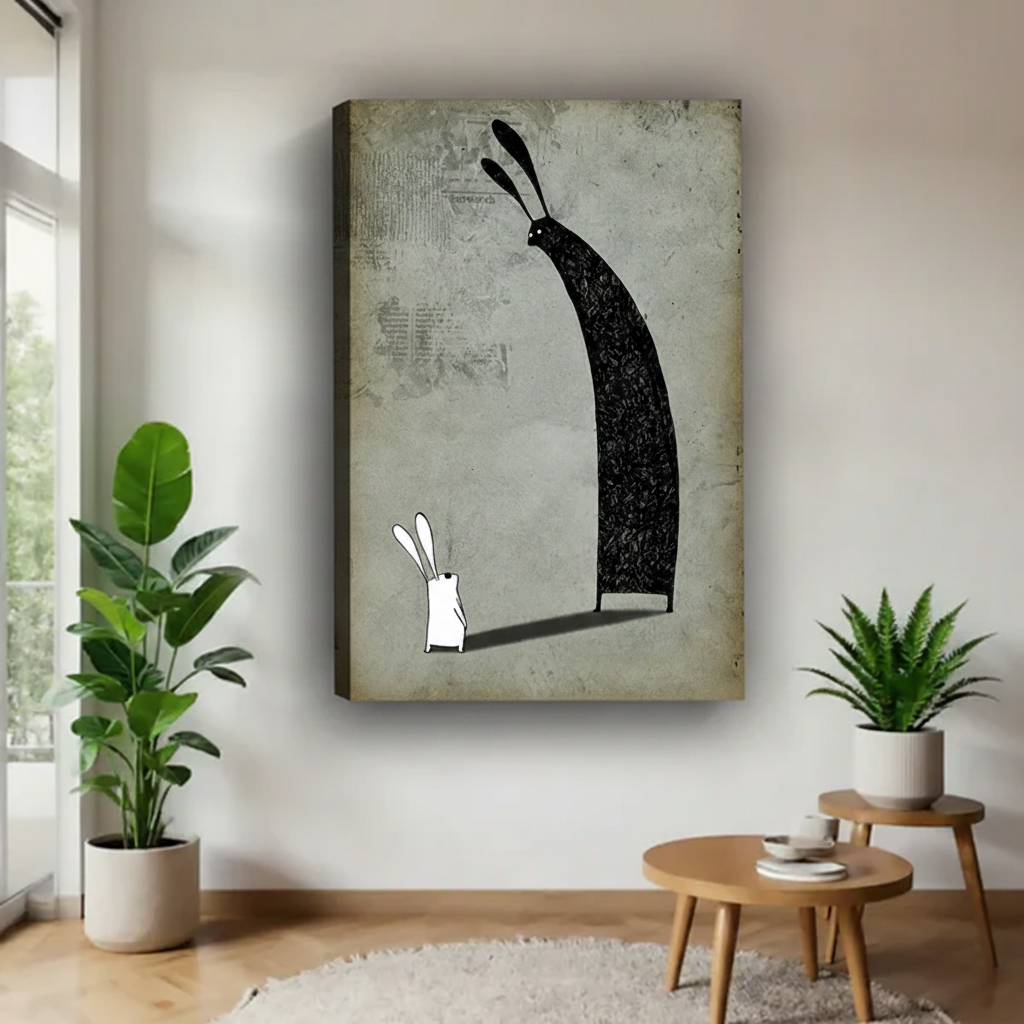Frameless gallery wrap canvas art print of white rabbit and dark shadow — surreal black white vintage wall decor