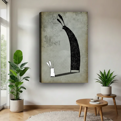 Frameless gallery wrap canvas art print of white rabbit and dark shadow — surreal black white vintage wall decor