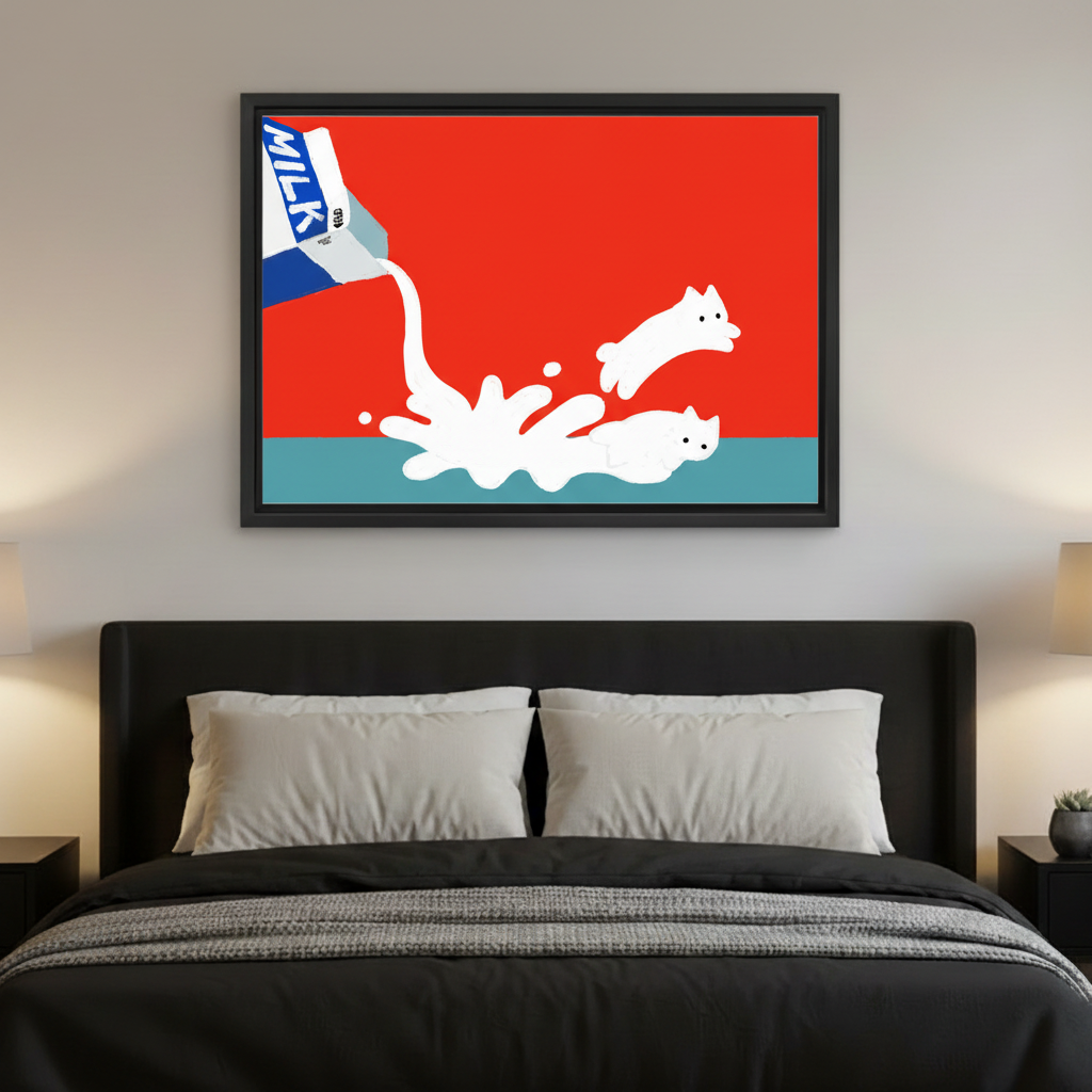 Whimsical milk cats canvas print displayed in bedroom, framed wall art
