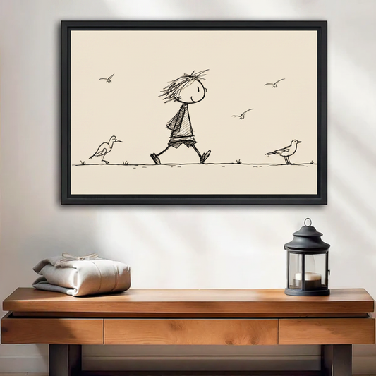 Minimalist stick figure child seagulls ink sketch framed canvas wall art above wooden console table