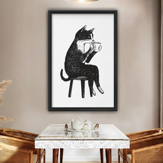 Black Cat Drinking Coffee Framed Canvas Wall Art Print|Liberty Signs#L1790