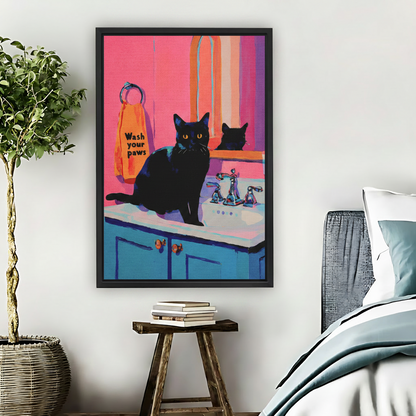 Wash Your Paws Black Cat Bathroom Framed Canvas Art|Liberty Signs #L1712