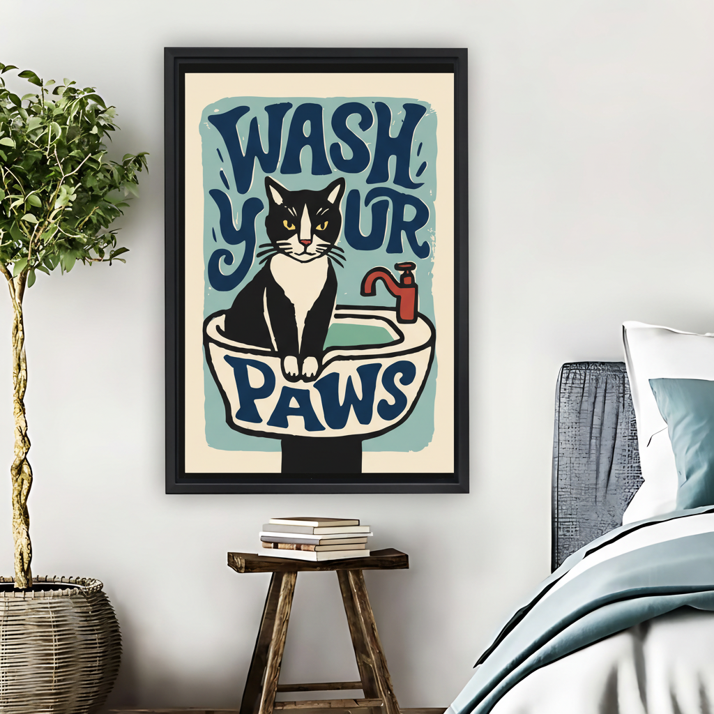 Wash Your Paws Funny Cat Framed Canvas Wall Art| Liberty Signs #L1641