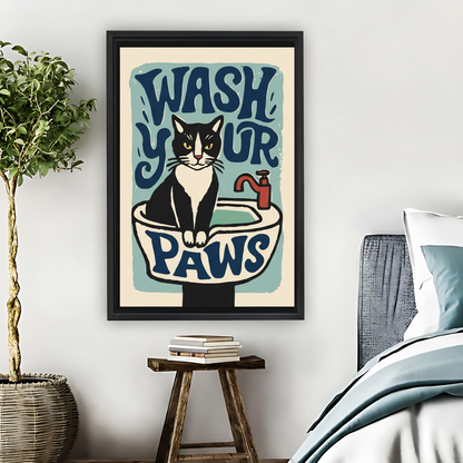 Wash Your Paws Funny Cat Framed Canvas Wall Art| Liberty Signs #L1641