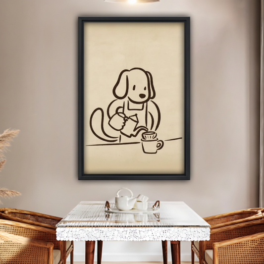 Cute Dog Brewing Coffee Minimalist Line Art Framed Canvas|Liberty Signs#L1774