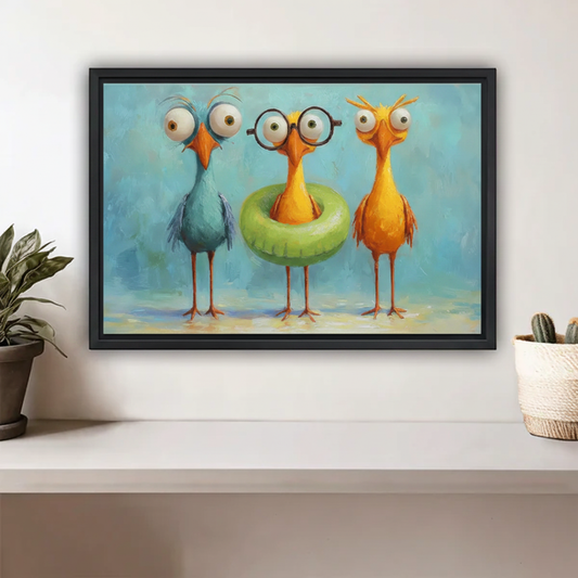 Funny Birds Oil Painting Style Framed Wall Art – Whimsical Colorful Bird Print Square Format