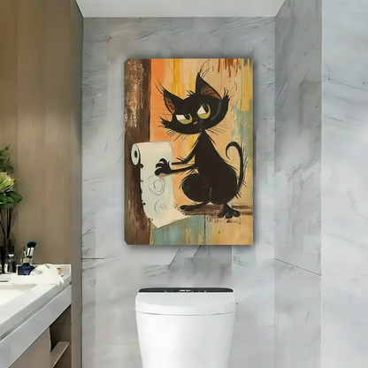Funny Black Cat Bathroom Wall Art Framed Canvas Print|Liberty Signs#L1742