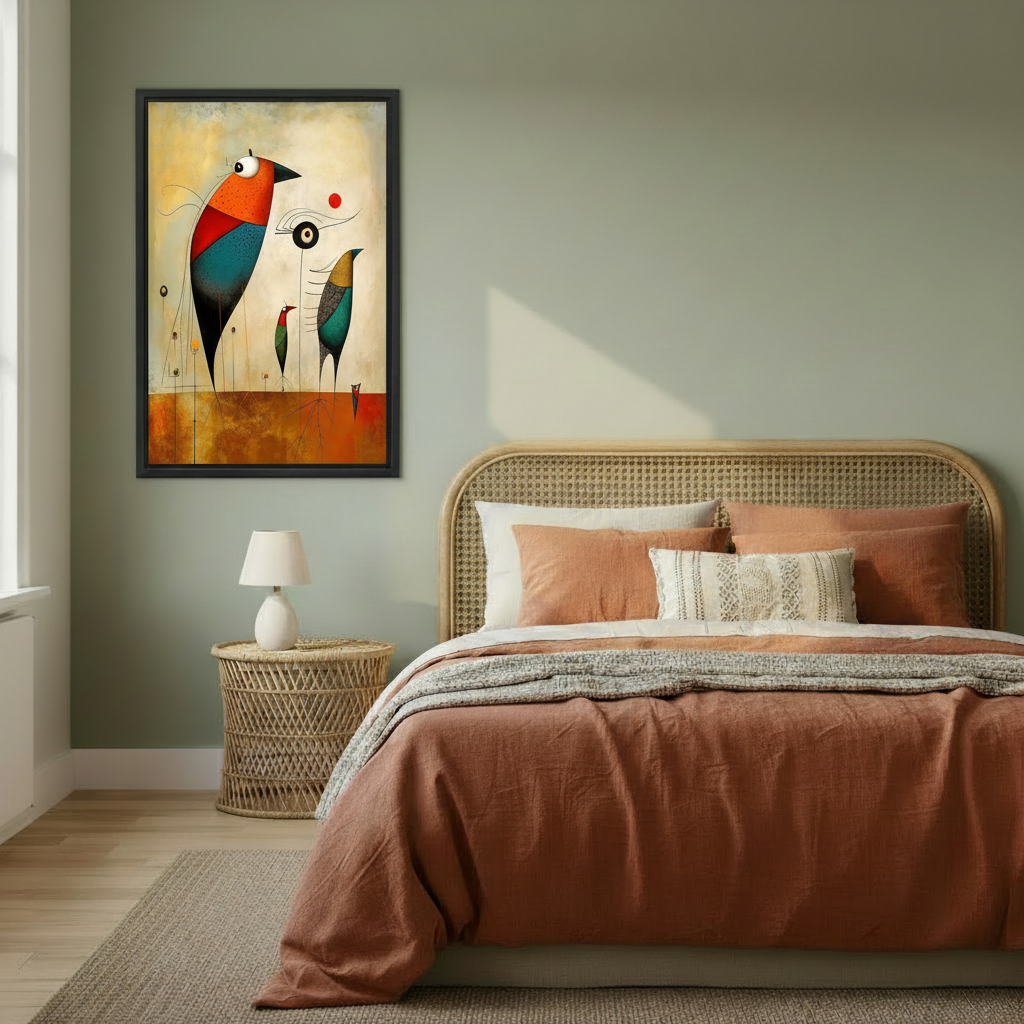 Bold abstract bird framed canvas above rattan bed with terracotta bedding, surrealist wall art sage green bedroom decor