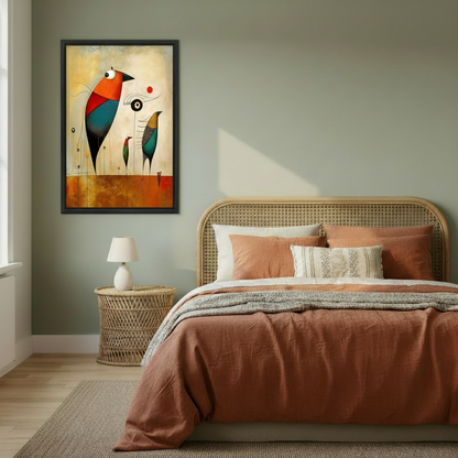 Bold abstract bird framed canvas above rattan bed with terracotta bedding, surrealist wall art sage green bedroom decor