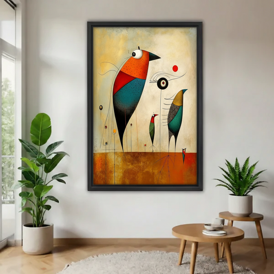 Abstract surrealist birds framed canvas wall art in bright room corner with monstera and fern plants, Miro-style eclectic home decor