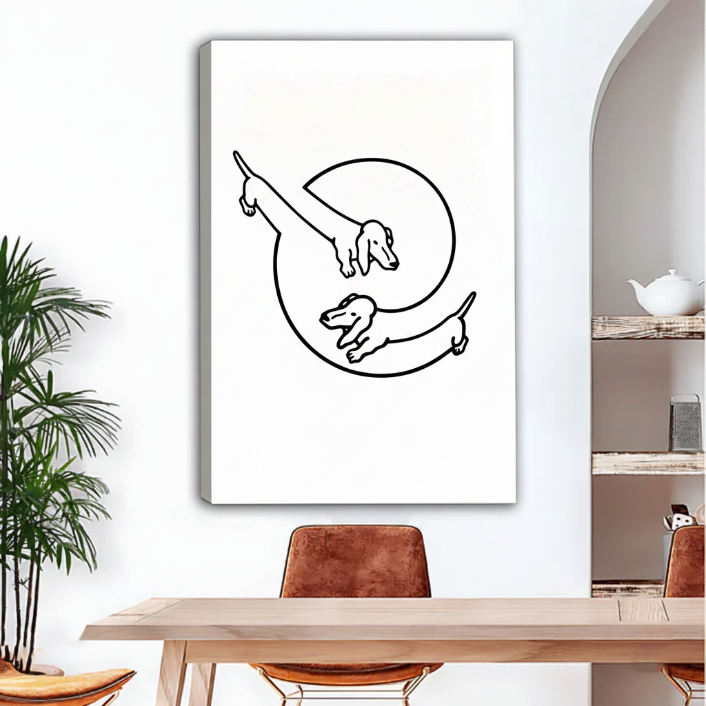 s） Dachshund duo minimalist line art frameless canvas wall art above dining table in bright Scandinavian interior