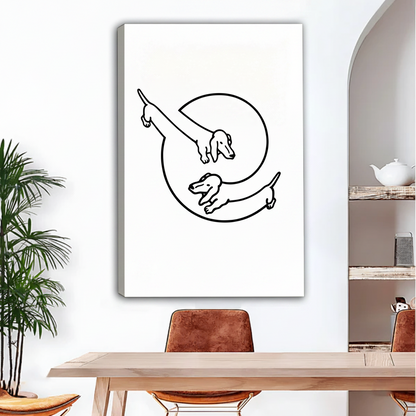 s） Dachshund duo minimalist line art frameless canvas wall art above dining table in bright Scandinavian interior