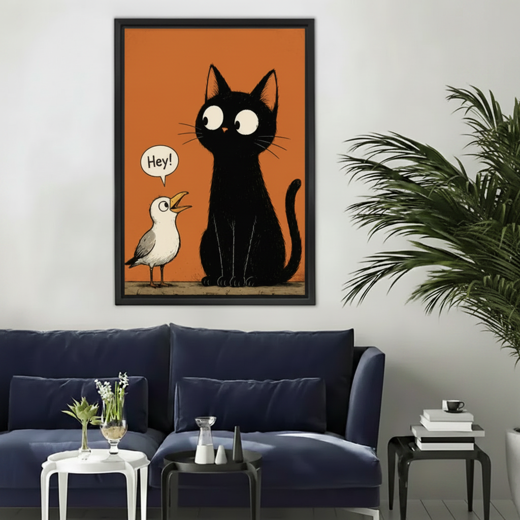 Black Cat Seagull Retro Cartoon Framed Wall Art – Funny "Hey!" Cat and Bird Print Square Format Display