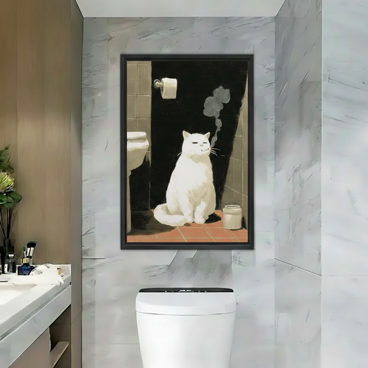 Funny White Cat Smoking Bathroom Framed Canvas Wall Art|Liberty Signs #L1710