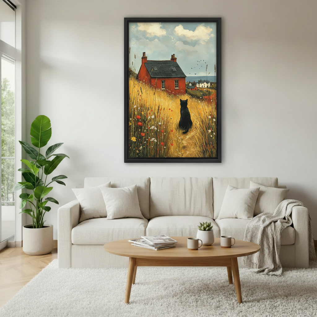 Black cat wildflower meadow framed canvas above cream sofa in bright living room, vintage countryside oil painting wall art