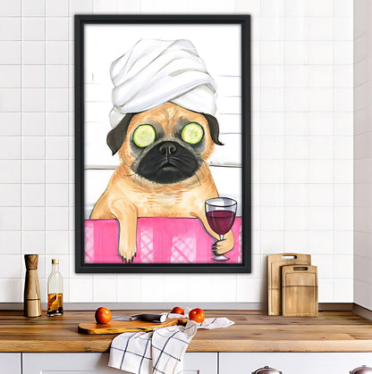 Pug in Bathtub with Wine & Cucumber Eye Mask Funny Wall Art|Liberty Signs #L541