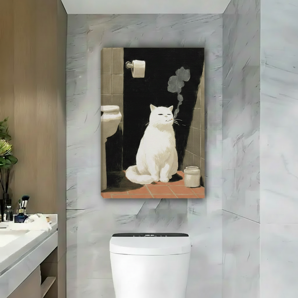 Funny White Cat Smoking Bathroom Framed Canvas Wall Art|Liberty Signs #L1710