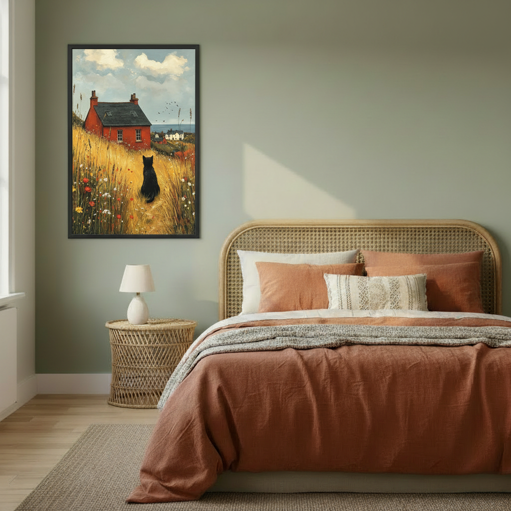 Black cat in golden wildflower field framed canvas on sage green bedroom wall above rattan bed, vintage oil painting decor
