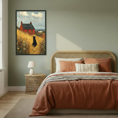 Black cat in golden wildflower field framed canvas on sage green bedroom wall above rattan bed, vintage oil painting decor