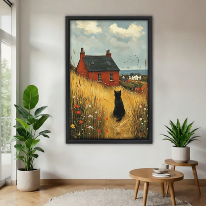 Black cat wildflower meadow framed canvas in bright room corner with monstera and fern plants, countryside oil painting home decor