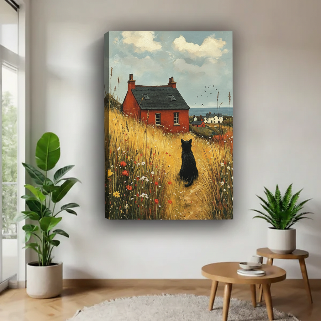 Black cat sitting in wildflower meadow gallery wrap canvas in room corner with plants, frameless countryside oil painting wall art