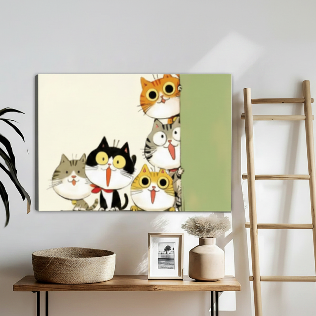 Four Cartoon Cats Peeking Around Corner – Cute Japanese Style Square Framed Wall Art