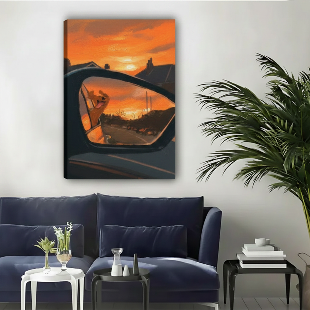 Dog sunset rearview mirror canvas wall art displayed above a navy sofa in a modern living room