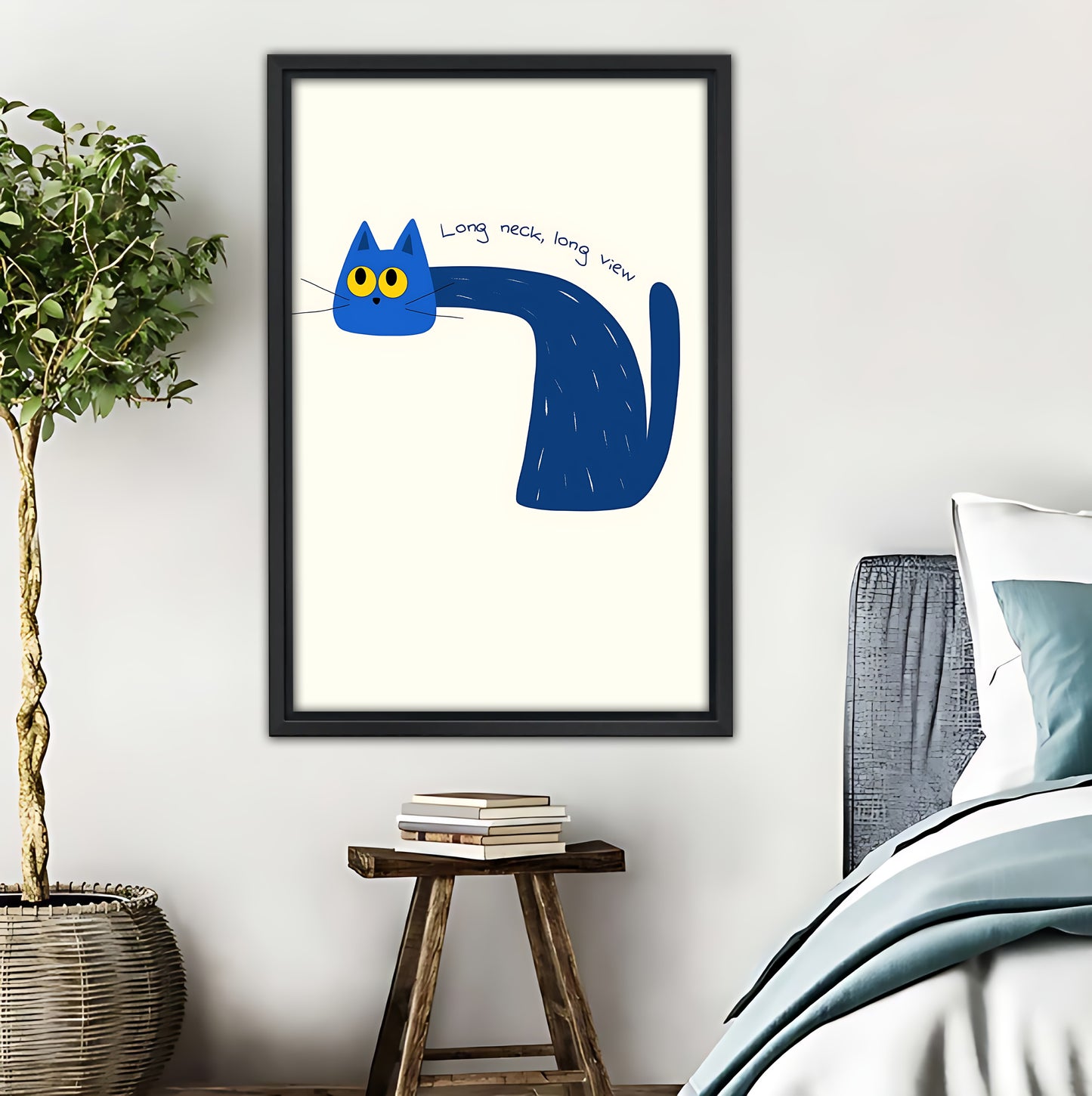 Long Neck Blue Cat Whimsical Art Print | Cute Minimalist Wall Decor|Liberty Signs #L520