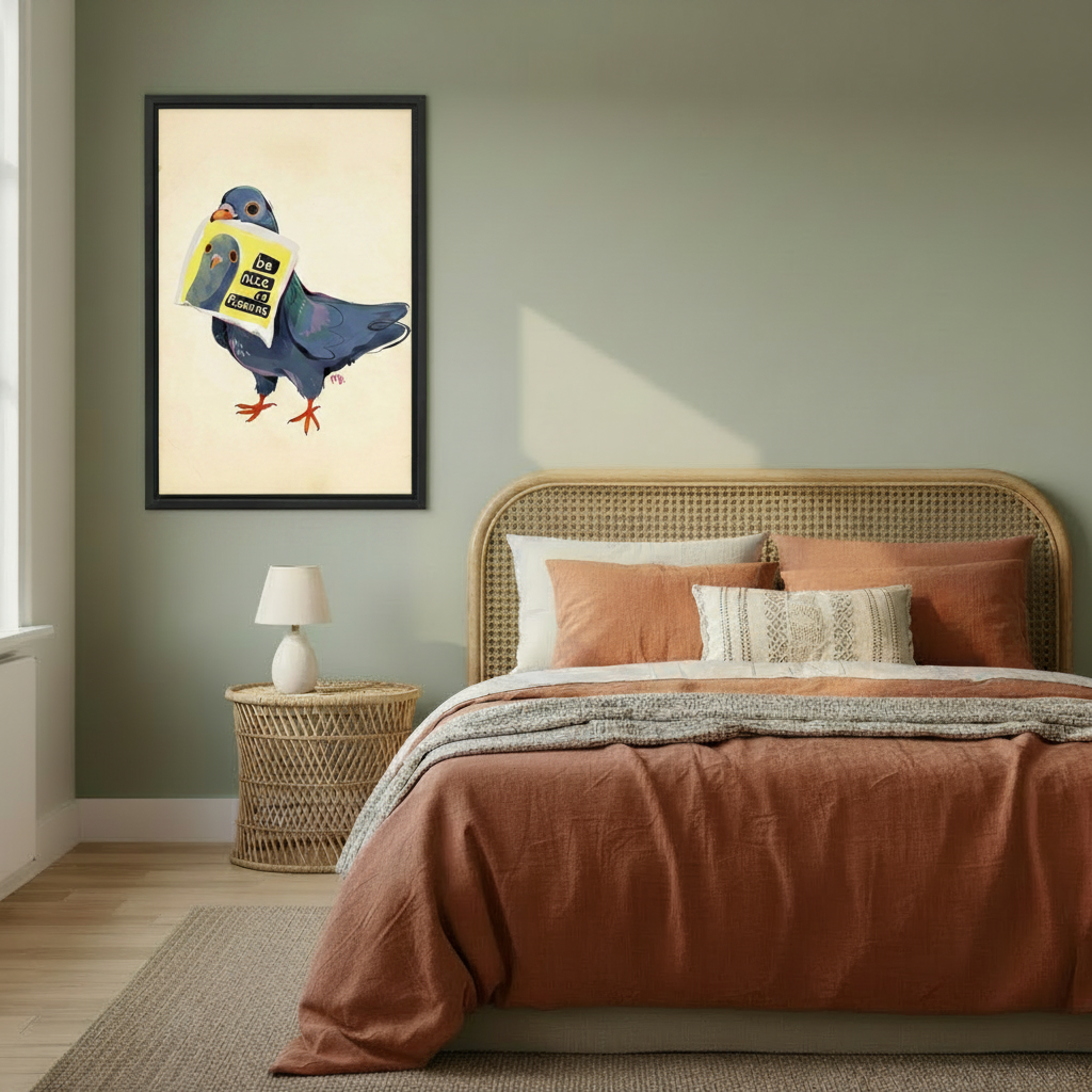 Framed pigeon wall art in boho bedroom – funny bird print above bed, whimsical home decor