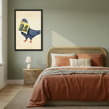 Framed pigeon wall art in boho bedroom – funny bird print above bed, whimsical home decor