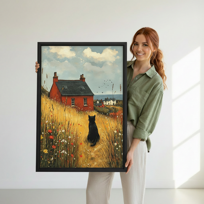 Smiling woman holding large black cat wildflower meadow framed canvas wall art, vintage countryside oil painting black frame