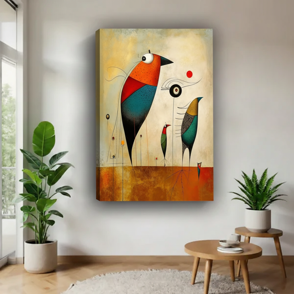 Abstract surrealist birds gallery wrap canvas in room corner with plants, frameless colorful Miro-style wall art warm tones